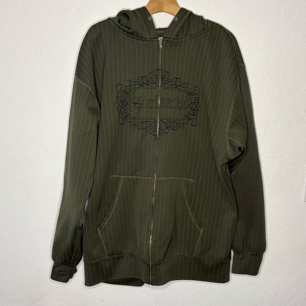 Slednecks‎ Jacket Men's XXL Green Pinstripe Logo Snowmobile Full Zip Billed Hood